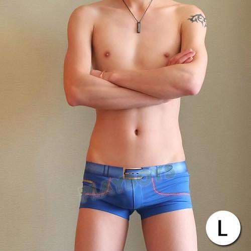 趣味紳士皮帶造型平角褲(藍)-L