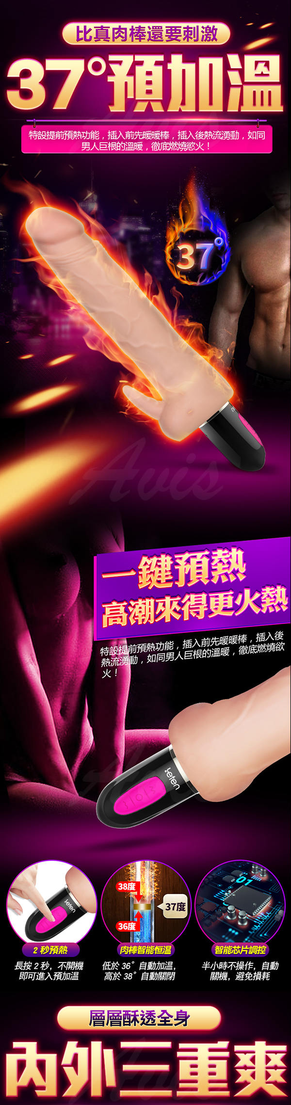 香港LETEN 肉搏戰士 3X7頻 內外雙震 智能加溫 仿真陽具按摩棒 神將款